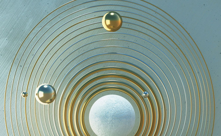 Music-of-the-spheres Artwork depicting spheres and concentric circles, suggesting planets' orbits.