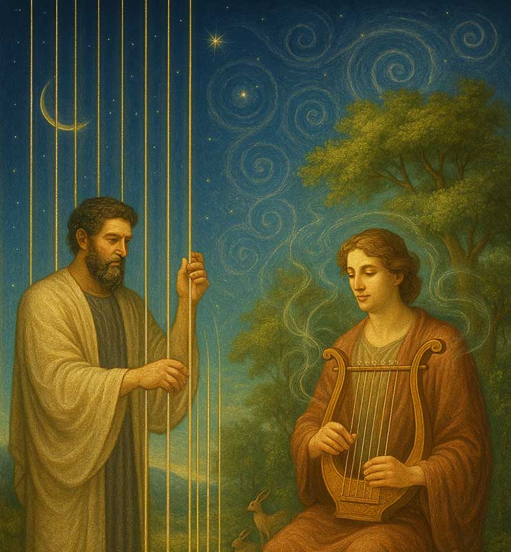 Pythagoras-and-Orpheus Artistic depiction of Pythagoras and Orpheus.