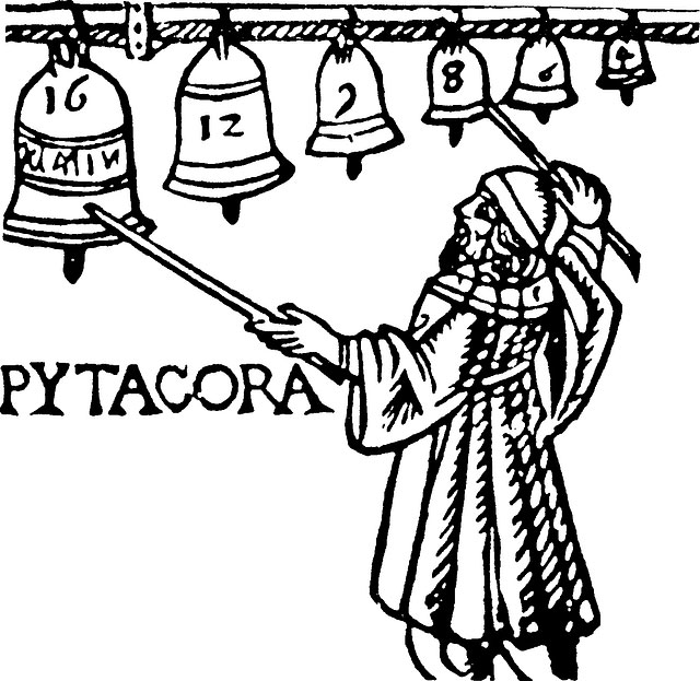 Pythagoras-with-Bells Ancient depiction of Pythagoras playing bells.